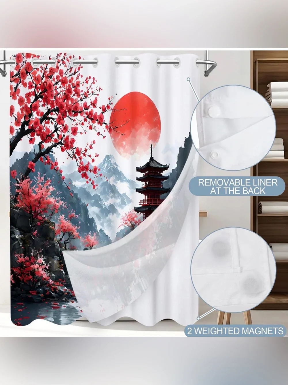 No Hook Japanese Anime Shower Curtain with Snap in Liner - Picture 3 of 7